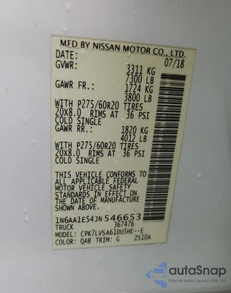 2018 Nissan Titan Sv из США, поврежденный, VIN 1N6AA1E54JN546653